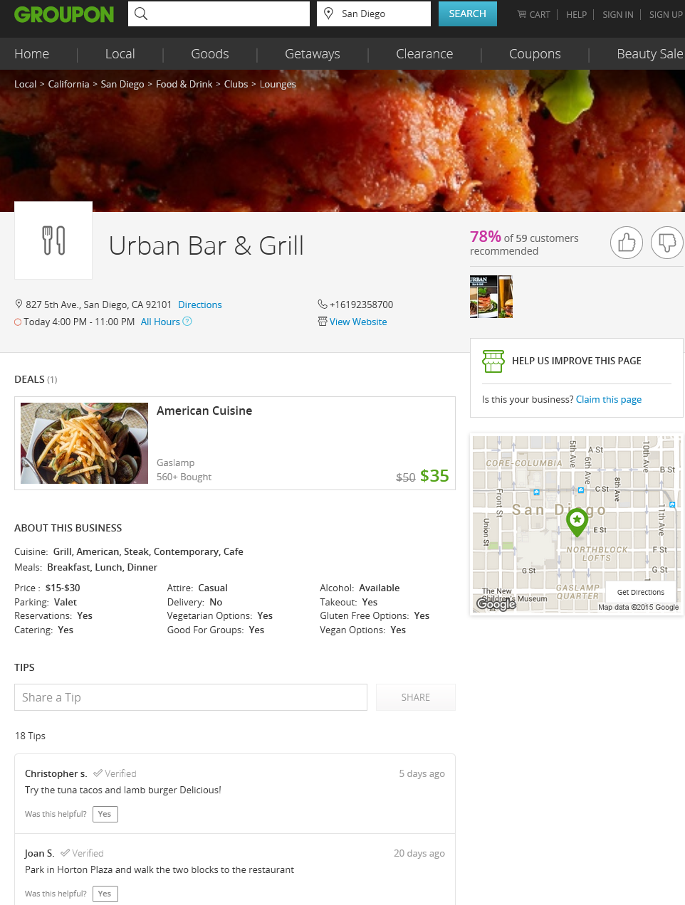 urban bar and grill groupon page